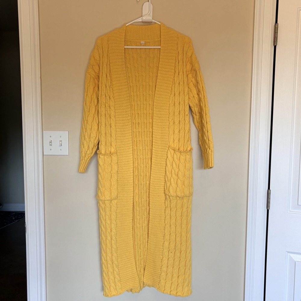 Unbranded Yellow Cable Knit Open Front Cardigan Sweater Pockets Womens Small